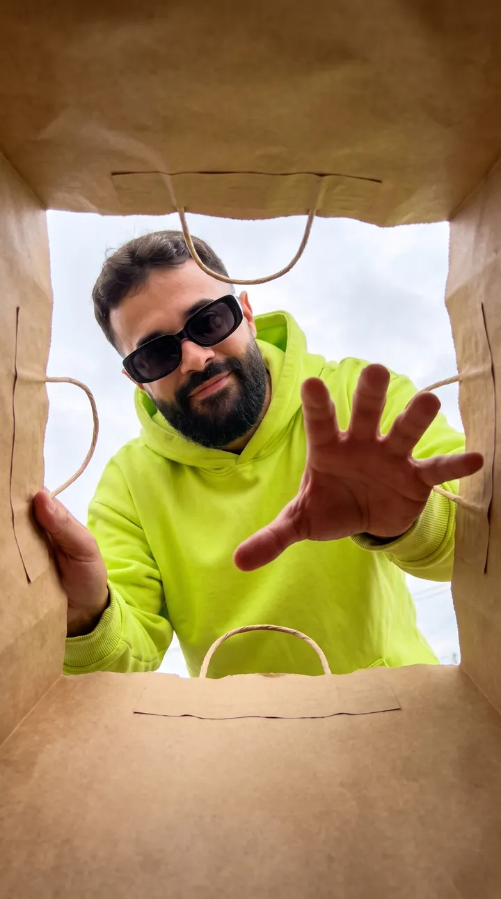 O Israel Meira de moletom lime visto de dentro de uma sacola de papel, estendendo a mão para quem olha