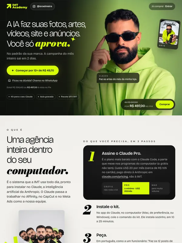 Captura do topo desta página da Agência de IA: o Israel de moletom lime e óculos escuros sobre o verde e o título “A IA faz suas fotos, artes, vídeos, site e anúncios. Você só aprova.”