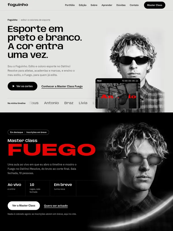 Captura do site do cliente Foguinho, editor e colorista de esporte: “Esporte em preto e branco. A cor entra uma vez.”, com a página da Master Class Fuego abaixo