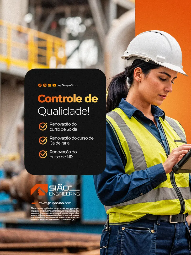 Post do Grupo Sião feito na mão: Controle de Qualidade, com uma inspetora de capacete e um painel preto à esquerda