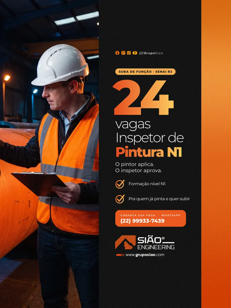 Peça nova da IA no mesmo padrão: 24 vagas para Inspetor de Pintura N1, painel preto e o inspetor ao lado