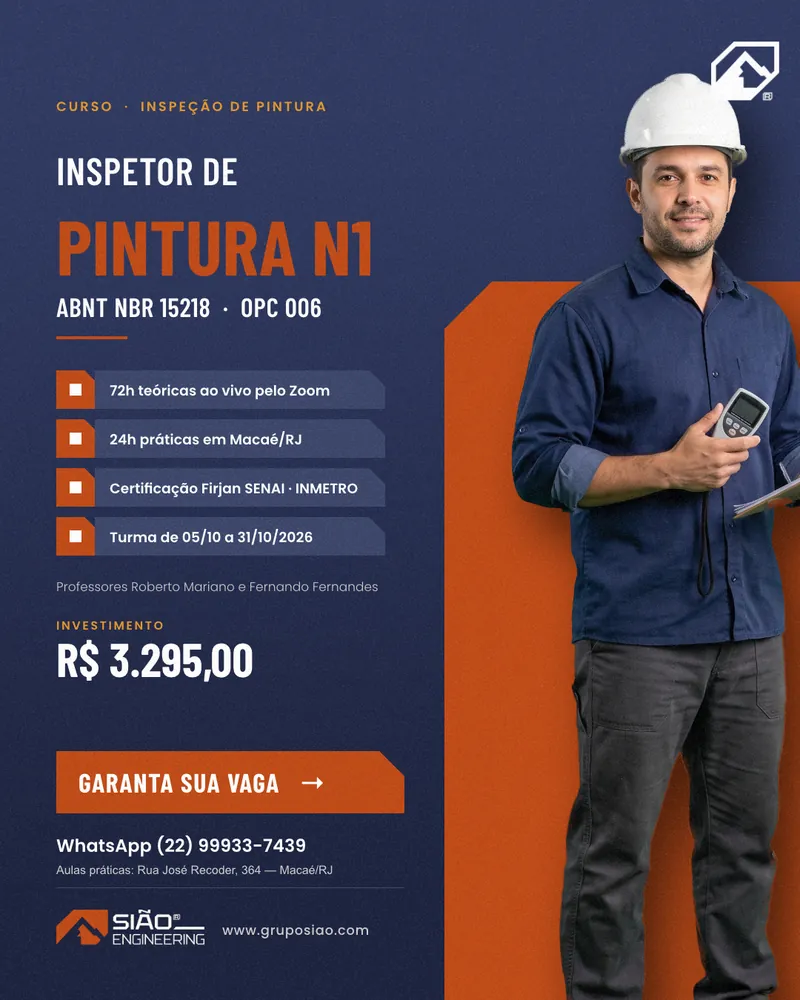Arte pronta com o mesmo inspetor recortado sobre a forma laranja da marca: Inspetor de Pintura N1, R$ 3.295,00
