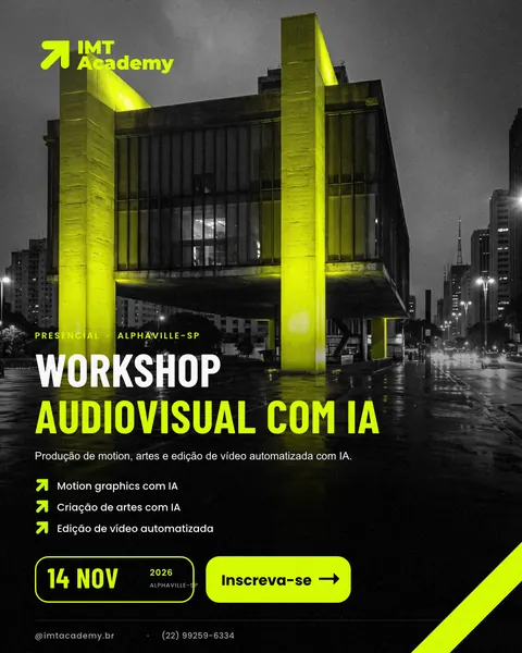 Workshop Audiovisual com IA, com um prédio iluminado em lime