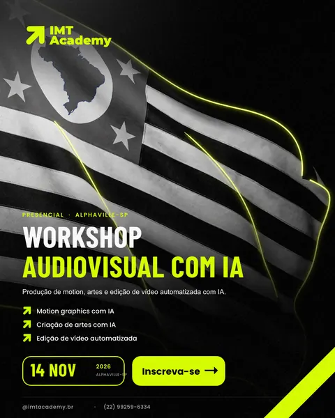 Workshop Audiovisual com IA, com a bandeira de São Paulo em preto e branco