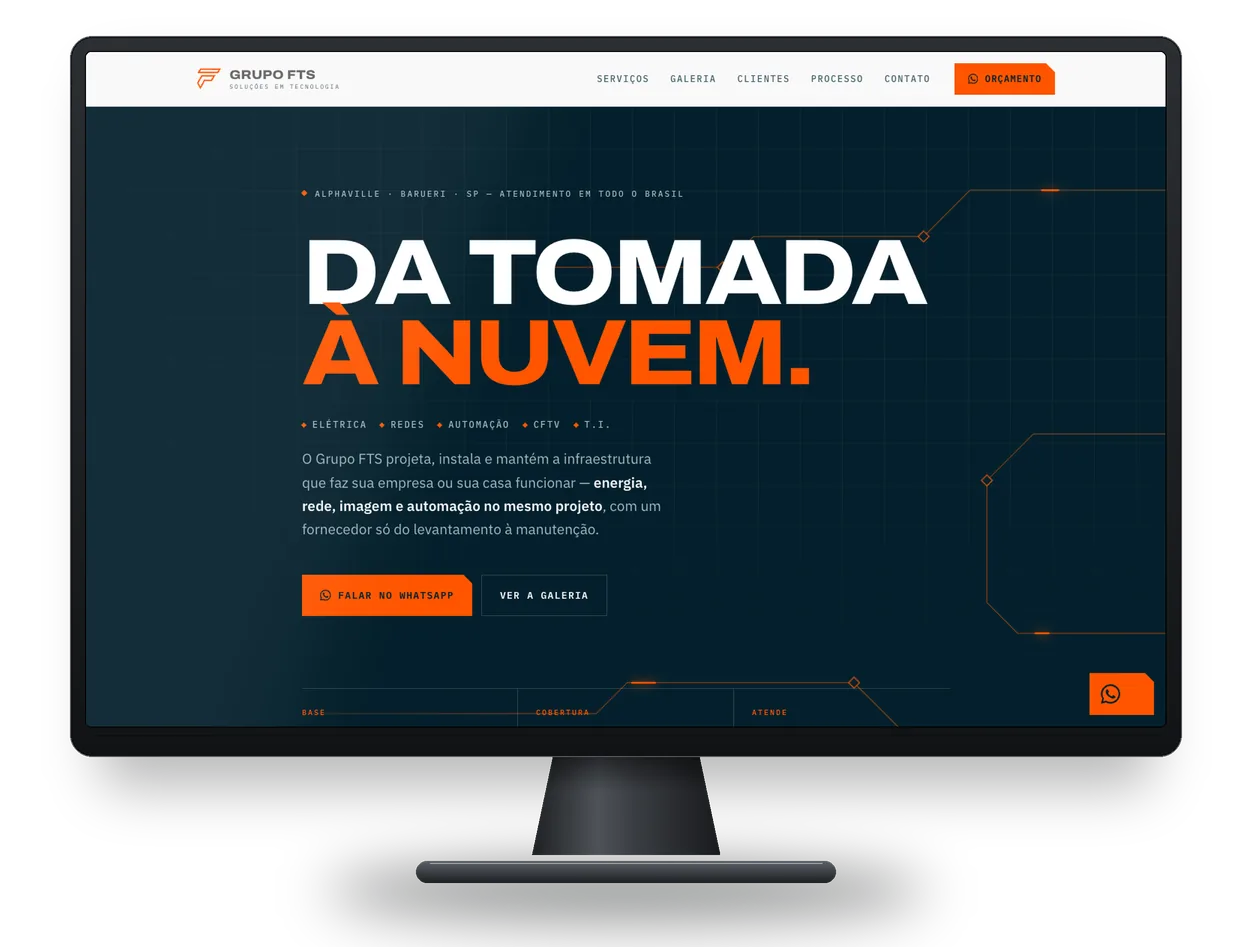Grupo FTS: Site institucional de elétrica, redes e automação, num monitor