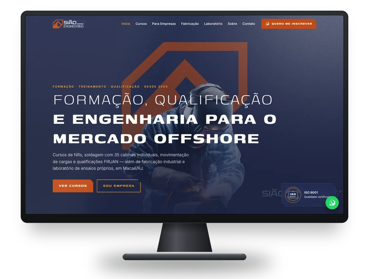 Sião Engineering: Site com cursos, empresas e fabricação, num monitor